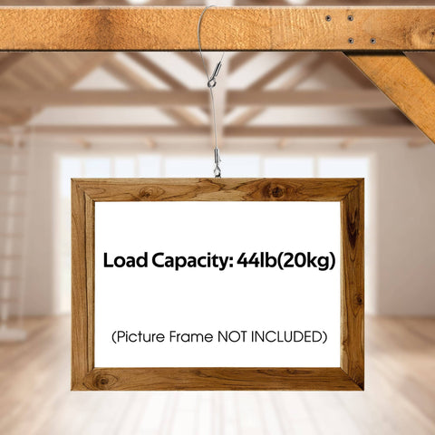 Adjustable Stainless Steel Hanging Wire Set displayed with a wooden frame showing 44lb (20kg) load capacity in a room setting.