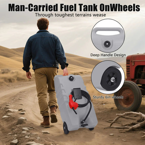 14 Gallon Portable Diesel Fuel Tank On Wheels With Siphon Pump And 10 Ft Hose, rugged UV resistant plastic caddy with man walking