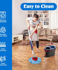All-In-One Spin Mop Replacement Kit for RinseClean 2-Tank System With 16 Microfiber Refills, Scrubber Head, Triangle Base and Adjustable 31-63in Handle Built for EasyWring RinseClean Compatibility, red mop in living room