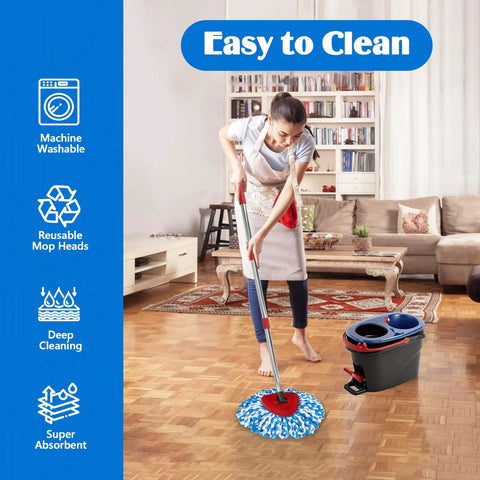 All-In-One Spin Mop Replacement Kit for RinseClean 2-Tank System With 16 Microfiber Refills, Scrubber Head, Triangle Base and Adjustable 31-63in Handle Built for EasyWring RinseClean Compatibility, red mop in living room