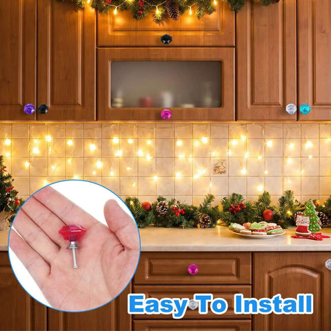 Colorful Crystal Cabinet Knobs Set 10 Pack 26mm Drawer Pulls in Five Dope Colors installed on wooden cabinets, showcasing easy installation.