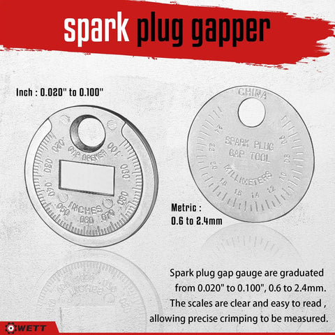 Spark plug gapper with inch and metric scales from Twelve Piece Spark Plug Socket Set With Three Eighths Inch Drive Ratchet Handle Mirror Polished Sockets Spark Plug Gapper Universal Joint And Extension Bars With Rubber Retaining Ring.