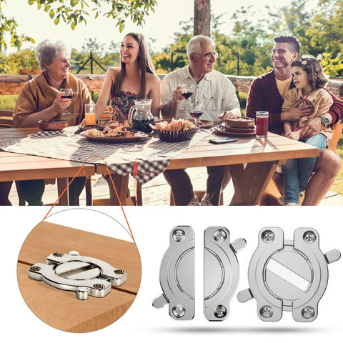 Heavy Duty Zinc Alloy Table Leaf Locks Rotating Latch Hardware Lock shown in outdoor dining setup, size 3.03 by 2.72 inches.
