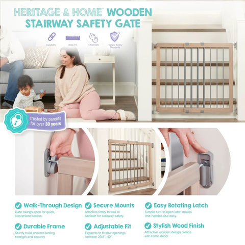 Wooden Baby Gate 23.5 To 42 Inches Walk Through Stair Gate for Doors Toddlers and Pets, kid-proof design, shown in home setting.
