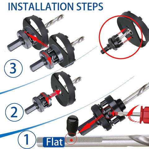Installation steps for Tough As Nails Carbide Grit Hole Saw Drill Bit, showcasing assembly of components and drill attachment.