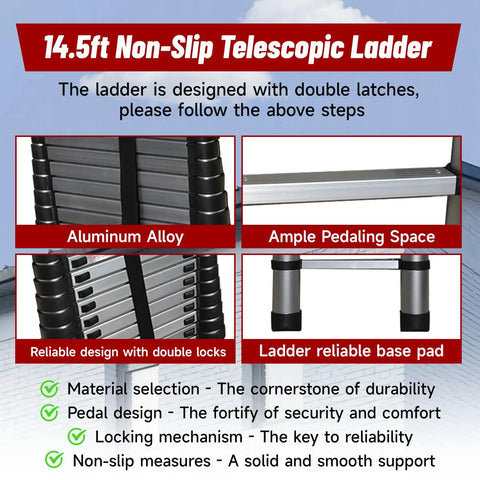 14.5 Foot Aluminum Telescopic Ladder With Dual Locking Mechanism Non Slip Collapsible Multi Use Step Ladder feature highlights