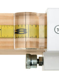 Broset Precision Stop Block W1109 for crosscuts on miter saws and radial arms, showing magnified hairline cursor on a measuring tape