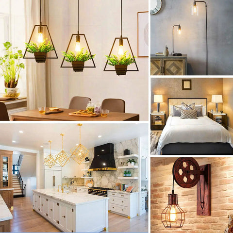 Vintage Edison Style LED Filament Bulbs 12 Pack, 60W Equivalent, used in various home lighting settings and fixtures.