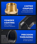 Two Piece One Inch NPT Fuel Hose Nozzle Swivel Kit With 360 Degree Rotation For Easy Safe Fueling And Flexible Angled Access Gas Pump Ready Fits Any 1 Inch Hose Or Nozzle Leak Free And Durable, copper coupler and black powder-coated threaded fitting