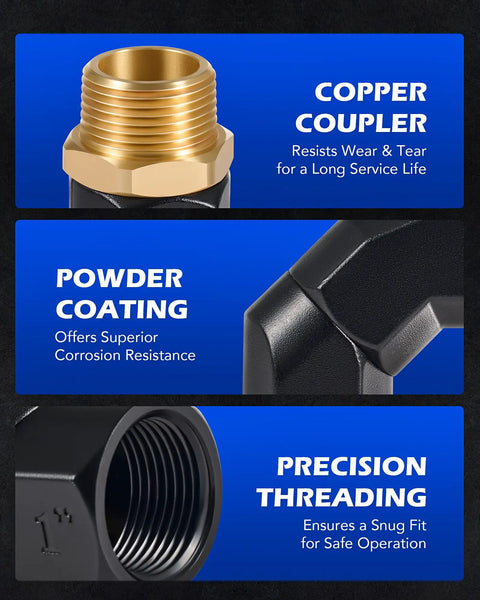 Two Piece One Inch NPT Fuel Hose Nozzle Swivel Kit With 360 Degree Rotation For Easy Safe Fueling And Flexible Angled Access Gas Pump Ready Fits Any 1 Inch Hose Or Nozzle Leak Free And Durable, copper coupler and black powder-coated threaded fitting