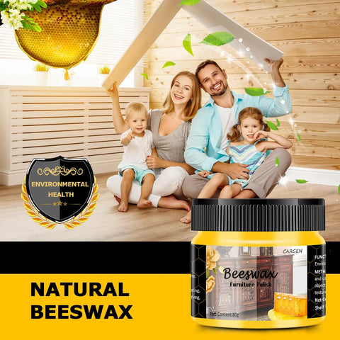 Happy family in bright room with Beeswax Wood Seasoning Set Three Pack Natural Furniture Polish on wooden shelf.