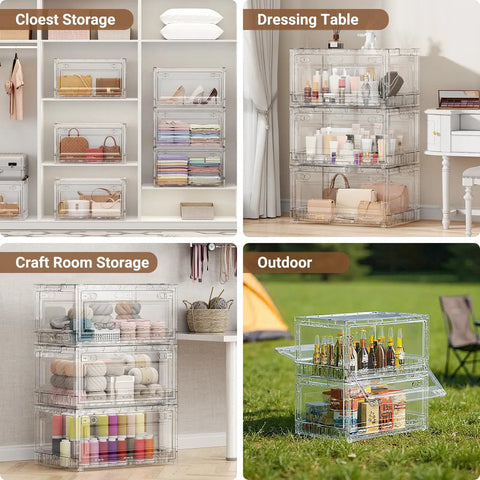 Premium Clear Storage Bins With Smooth Rolling Wheels, Foldable Closet Organizers For Home Office Or Garage, Stacking Drawers That Are A Total Game Changer, Hella Sturdy 4 Pack in various storage settings.