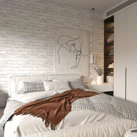 Bedroom wall with Brick Wallpaper Peel And Stick 3D Faux Brick Self Adhesive Removable Wallpaper Backsplash For Walls White And Gray Waterproof Thick Easy To Install 120 Inch Long 18 Inch Wide