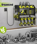 Power Tool Organizer Wall Mount With Charging Station And 6-Outlet Power Strip, 3-Tier Garage Shelf Black, Keeps Tools Charged And Ready To Roll In Your Busy Workshop. Wall-mounted black metal organizer with drills, chargers, and hand tools.