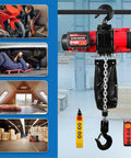 2 Speed Electric Chain Hoist 2200lb with Pendant and Remote, brushless motor, 110V, G80 chain, shown in workshop setting