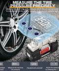 Beast Mode Heavy Duty Digital Tire Inflator 12V Portable Air Compressor Pump showing tire pressure display near wheel.