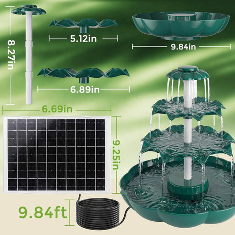 Sun Powered 6.5W Solar Bird Bath Fountain With 3 Tier Waterfall And 9 Streams, DIY Detachable Solar Pump, size components visible