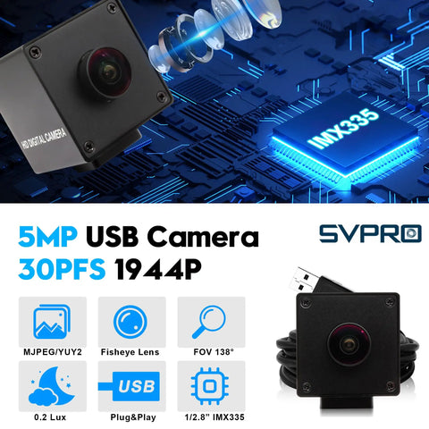 5MP USB Camera Module With Autofocus And 30FPS Wide 138 Degree Field Of View IMX335 Sensor Low Light Performance For Industrial Machine Vision UVC Plug And Play Compatibility With Windows MacOS Linux Android, featuring compact design with fisheye lens and USB connectivity.