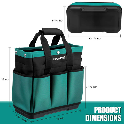 Heavy Duty Garden Tool Tote With Molded Bottom And 10 Pockets Reinforced Go To Workhorse Tool Bag Top Snap Closures For Spill Proof Transport Rugged 600D Oxford Dark Green Tools Not Included