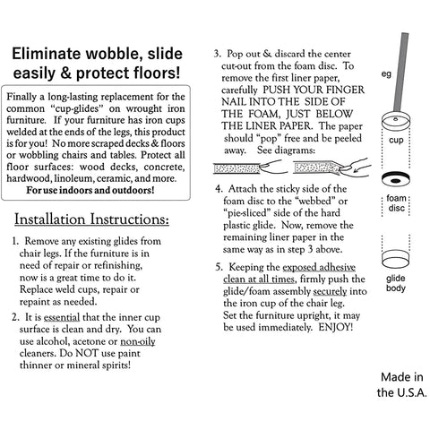 Installation instructions for Wrought Iron Patio Furniture Feet Cap Glides For Outdoor Table And Chair Legs No Slip Floor Protectors 1.5 Inch 24 Pack Black Self Leveling Cushioned Foam For Uneven Surfaces And Scratch Prevention, made in USA, shown with diagram.