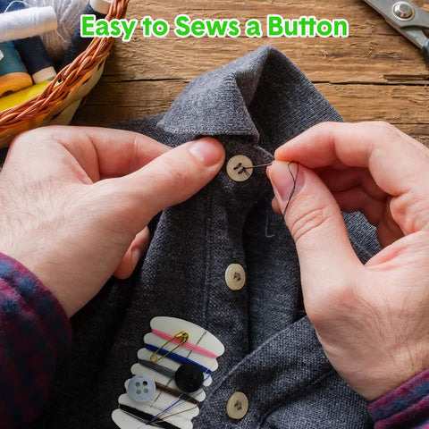 On The Go Travel Sewing Kit With Needles, Threads, Buttons And Pins, Six Color Thread Sets, 100 Sets being used to sew a shirt