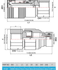Technical drawing of 1/2 in NPT flat-face hydraulic quick-connect couplers with dust caps; ISO 16028, front and side views.