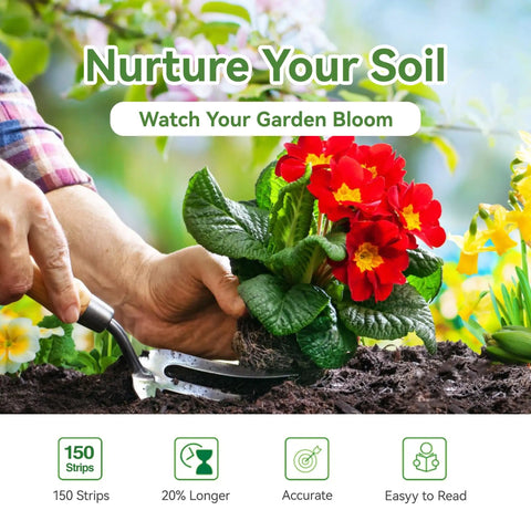 Person testing soil with spade beside red flowers, Soil pH Test Kit With 150 Strips 3 To 9 Range For Testing Garden Lawn Vegetables