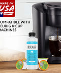 Descale And Clean Like A Pro Coffee Machine Descaler Bundle with 8 oz descaling solution and 4 pods next to a Keurig brewer.