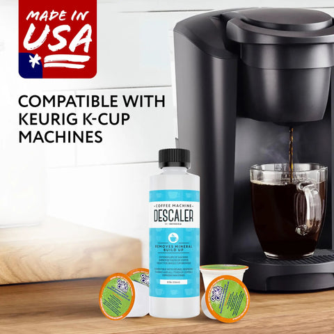 Descale And Clean Like A Pro Coffee Machine Descaler Bundle with 8 oz descaling solution and 4 pods next to a Keurig brewer.