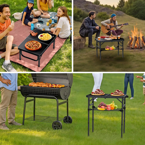 Two Foot Folding Camping Table With Storage Net Three Height Adjustable Lightweight Portable Table in outdoor settings