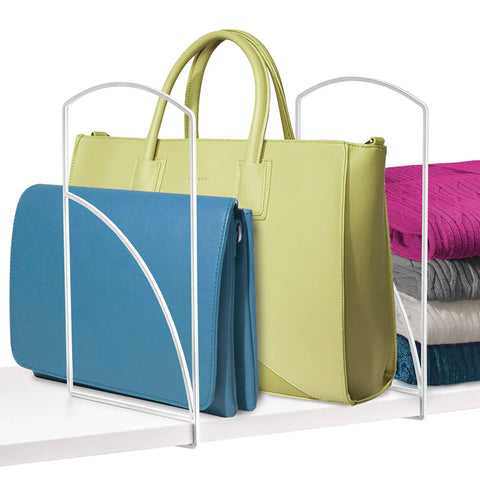 Heavy Duty White Shelf Dividers For Closet Organization And Linen Storage in use separating bags and towels on a shelf