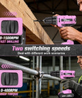Built Tough 20V Cordless Drill Set With Fast Charging Battery And Sleek Pink Finish Delivering 250 In Lbs Of Torque in use drilling wood and metal.