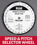 Speed and pitch selector wheel for bandsaw adjustments, showing various settings for optimal performance.