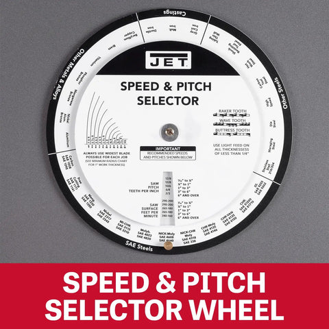 Speed and pitch selector wheel for bandsaw adjustments, showing various settings for optimal performance.