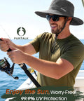 Man wearing Men's Bucket Sun Hat With UPF Protection, Wide Brim For Real Sun Shield, holding a fishing rod on a boat.