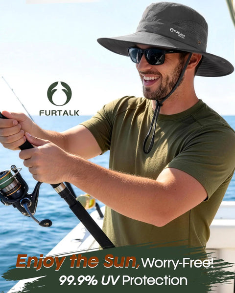 Man wearing Men's Bucket Sun Hat With UPF Protection, Wide Brim For Real Sun Shield, holding a fishing rod on a boat.