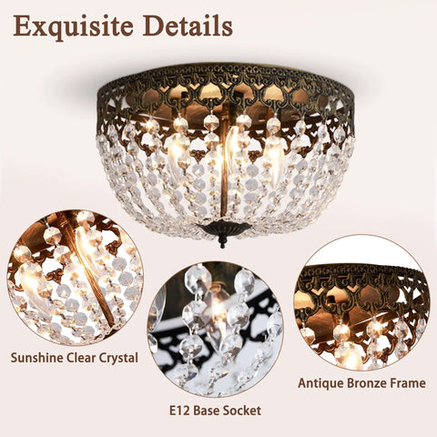 Antique Bronze Crystal Flush Mount Ceiling Light 15 Inch Diameter 4 Light Chandelier Fixture with detailed close-ups
