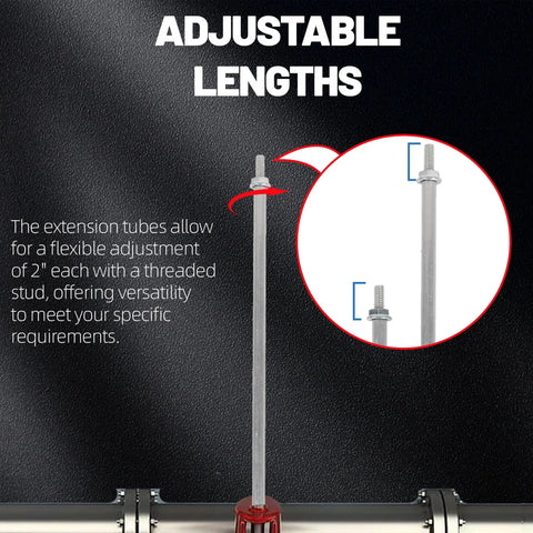 Diagram showing adjustable lengths of Two Pack Universal RV Waste Valve Replacement Kit With Camper Dump Valve Handle And Tube Extensions.