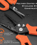 7.5 Inch Braid Scissors And Pliers Set For Saltwater Fishing Line Cutter And Hook Remover Corrosion Resistant Stainless Steel Tool Kit Tough As Nails Fishing Gear For Men Versatile Saltwater And Freshwater Use showing close-up of polymer coated stainless steel construction with orange rubber grip.