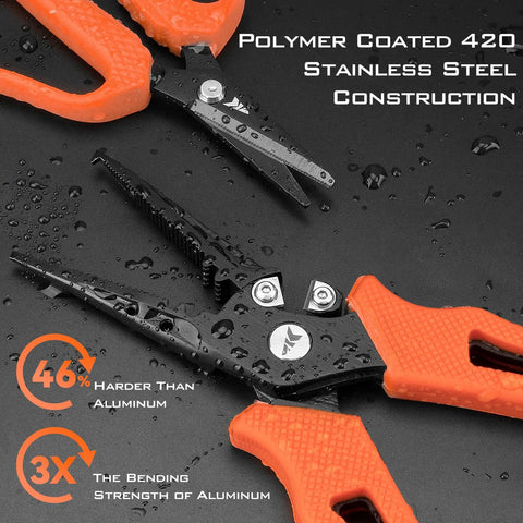 7.5 Inch Braid Scissors And Pliers Set For Saltwater Fishing Line Cutter And Hook Remover Corrosion Resistant Stainless Steel Tool Kit Tough As Nails Fishing Gear For Men Versatile Saltwater And Freshwater Use showing close-up of polymer coated stainless steel construction with orange rubber grip.