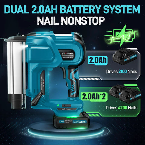 Heavy Duty Cordless Brad Nailer, Bad Boy 2 In 1 Nail Gun For Wood, 18 Gauge Stapler With Dual 2 Amp Hour Batteries, battery details visible.