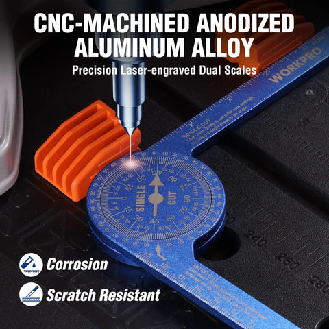 7.3 Inch Aluminum Miter Bevel Gauge Precision Angle Finder With Laser Etched Dual Scales For Crown Molding Carpentry Trim Work showing precision scales in blue.