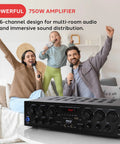 Family using Bluetooth Wireless Home Amplifier System With 6 Channel Power 750 Watts for karaoke, amp visible on table