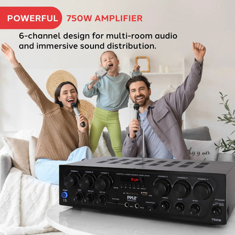 Family using Bluetooth Wireless Home Amplifier System With 6 Channel Power 750 Watts for karaoke, amp visible on table