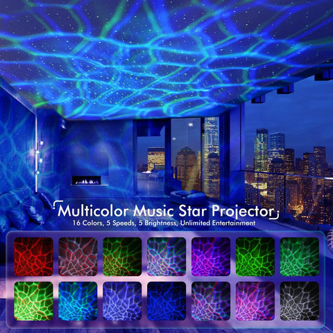 Epic Galaxy Projector Star Light With Bluetooth Speaker White Noise Machine Night Light For Bedroom Kids Adults Game Room Home Theater Ceiling Decor displaying multicolor star patterns on city apartment ceiling.