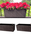 Outdoor Rail Planter For Balcony 20 Inch Two Pack With Rattan Pattern Design Drainage Holes And Brackets For Easy Hanging shown on balcony with flowers