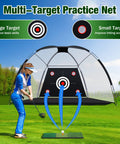 Woman using All In One Golf Practice Net With Target Mat For Indoor And Outdoor Backyard Swing Training 10 By 7 Ft Hitting Net