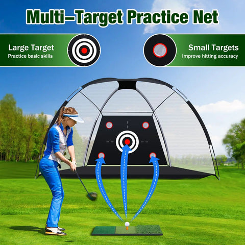 Woman using All In One Golf Practice Net With Target Mat For Indoor And Outdoor Backyard Swing Training 10 By 7 Ft Hitting Net