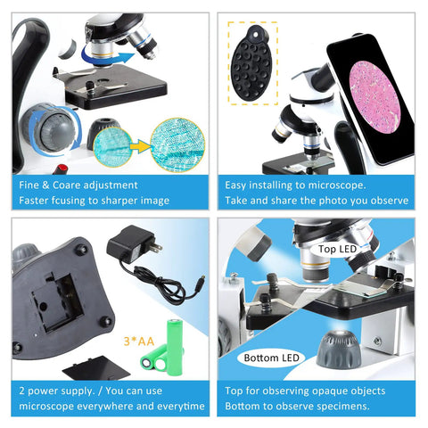 40X To 2000X Microscope For Kids And Adults, Kid Friendly Setup With 30 Prepared Slides, Phone Adapter, Accessories, LED features