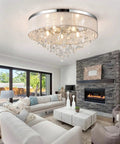 Flush Mount Ceiling Light Fixture With Crystal Chandelier 19.5 Inch Drum Modern Pendant K9 Crystals Fabric Shade in living room